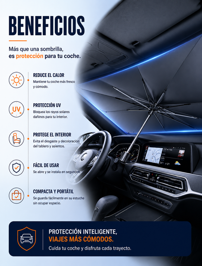 Sombrilla Parasol Plegable para el Parabrisas de tu Carro | Baja el Calor al Instante, Diseño Práctico Tipo Paraguas