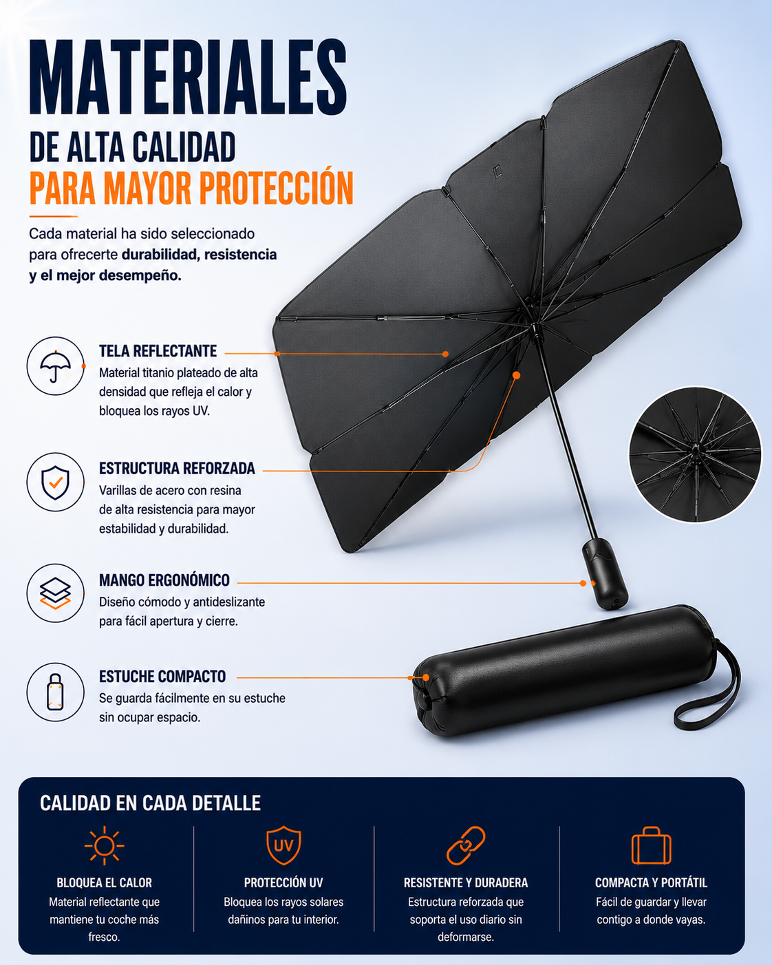 Sombrilla Parasol Plegable para el Parabrisas de tu Carro | Baja el Calor al Instante, Diseño Práctico Tipo Paraguas