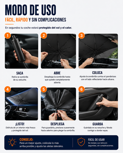 Sombrilla Parasol Plegable para el Parabrisas de tu Carro | Baja el Calor al Instante, Diseño Práctico Tipo Paraguas