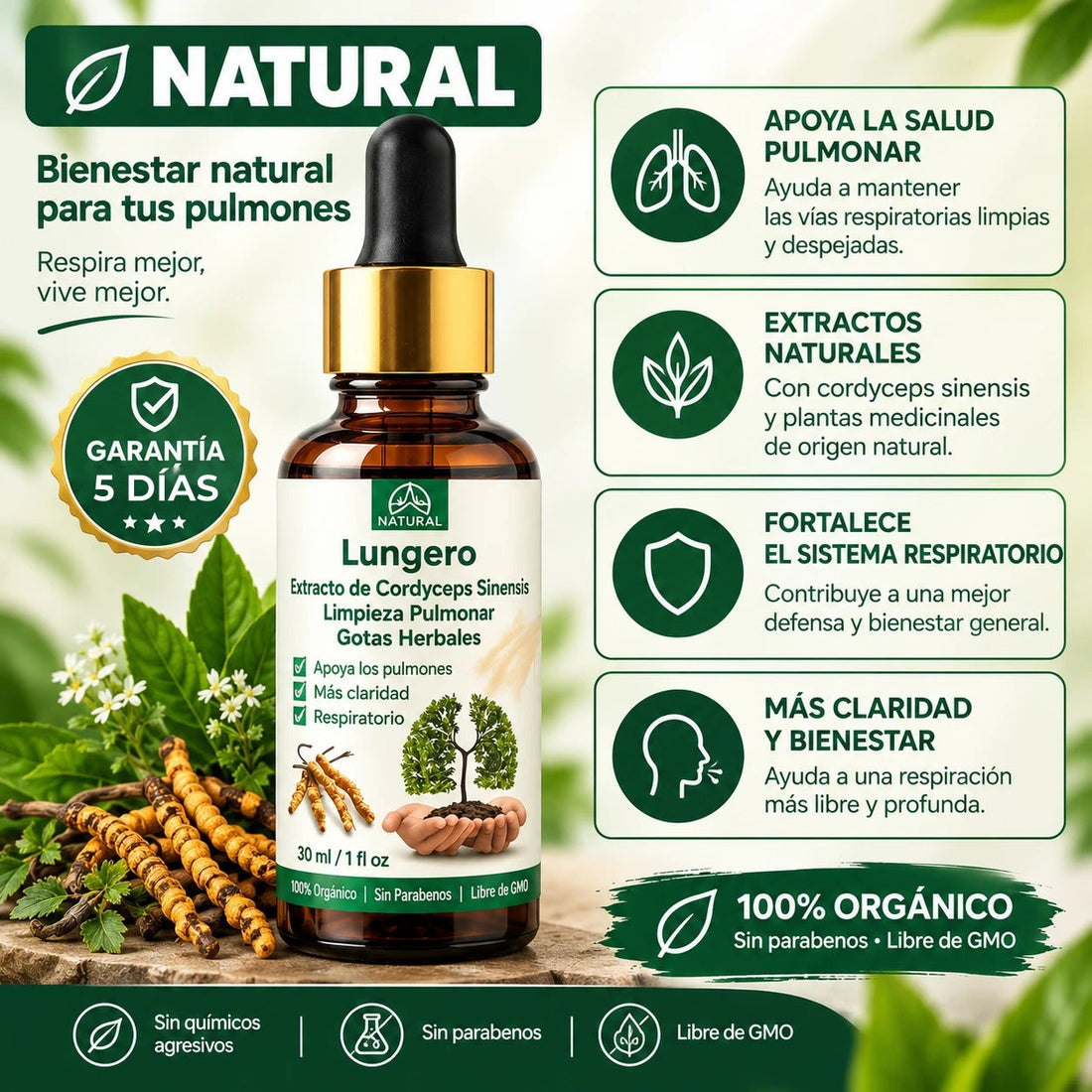 Lungero: bienestar natural para tus pulmones, extracto de cordyceps y plantas, garantía de 5 días